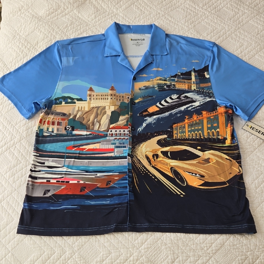 Mens Y2K Reservoir Button-Up Shirt Car & Boat Theme NEW Medium